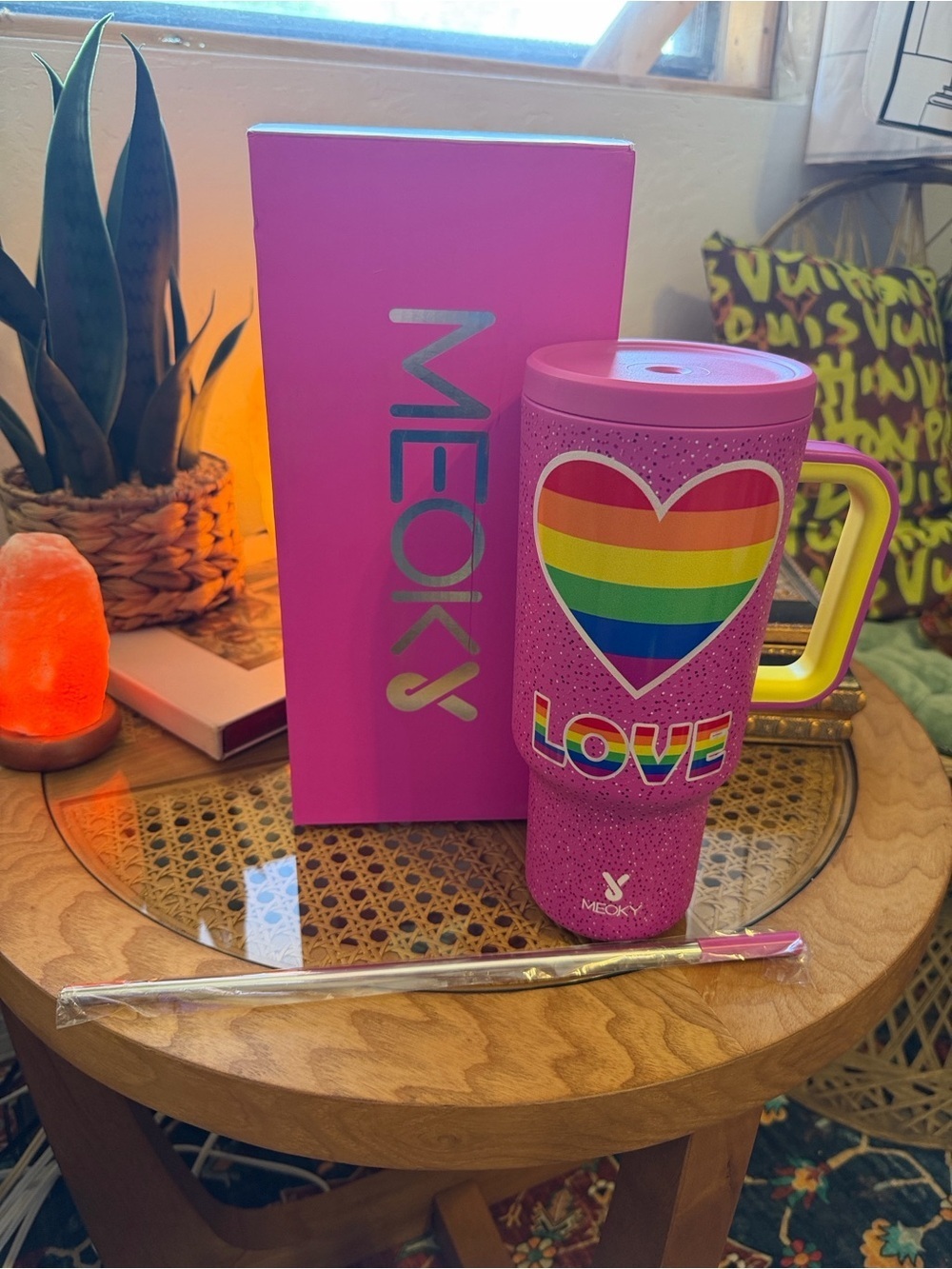 Pink Pride Heart Travel Tumbler with Yellow Handle